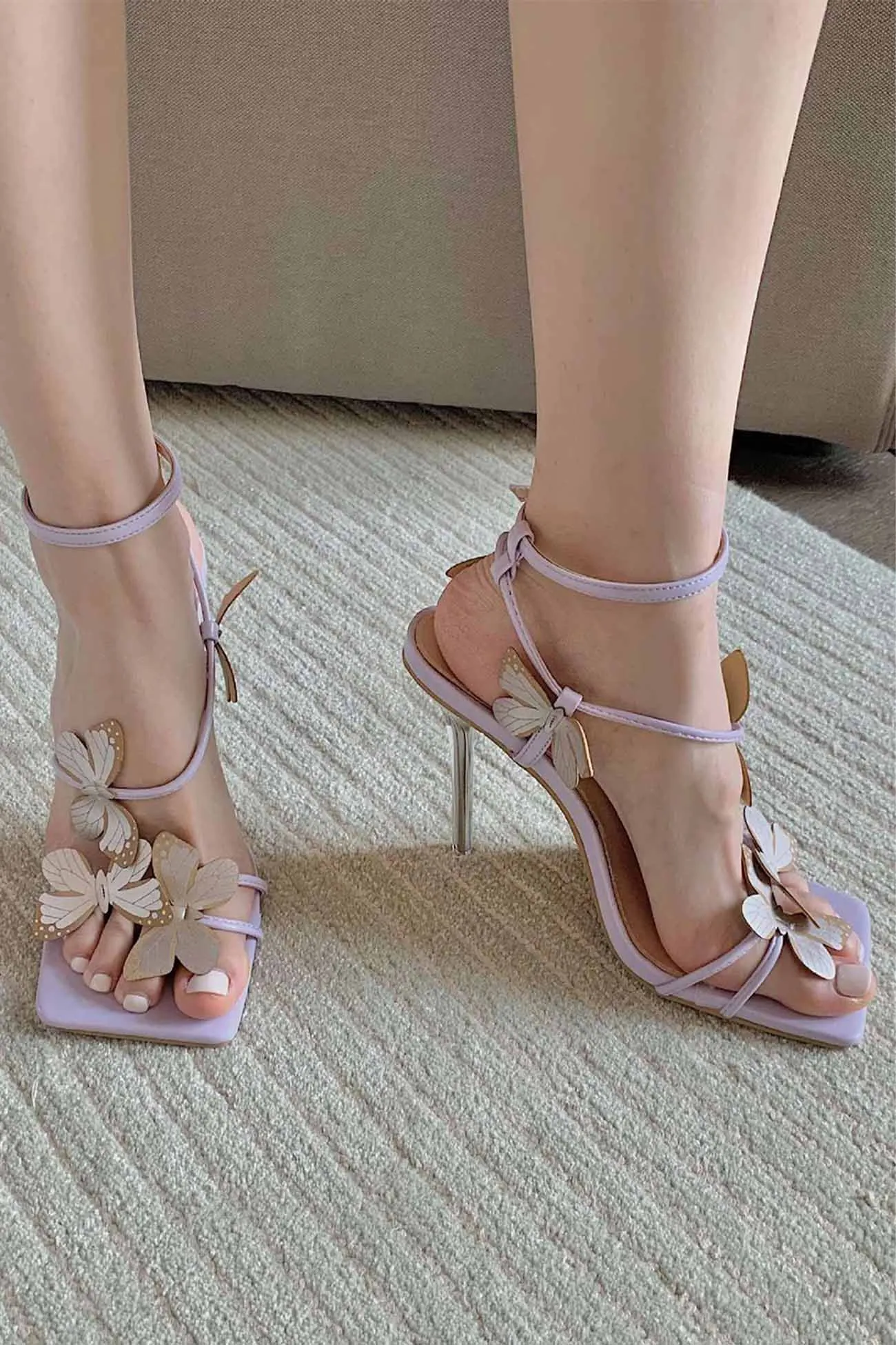 Amozae-Butterfly Square Toe Ankle Strap Stiletto High Heels