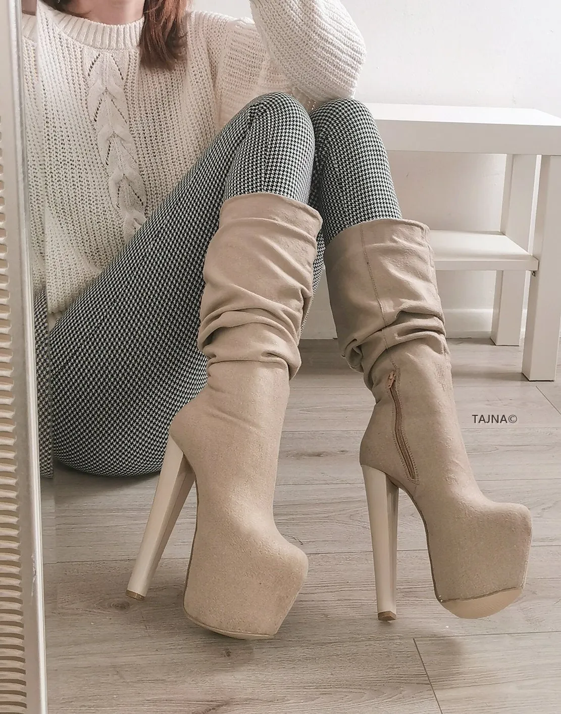 Beige Chunky Heel Mid-Calf Boots