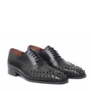 Black Studded Toe Long Tail Whole Cut One Piece Brogue Oxford Lace-up Shoes by Brune & Bareskin