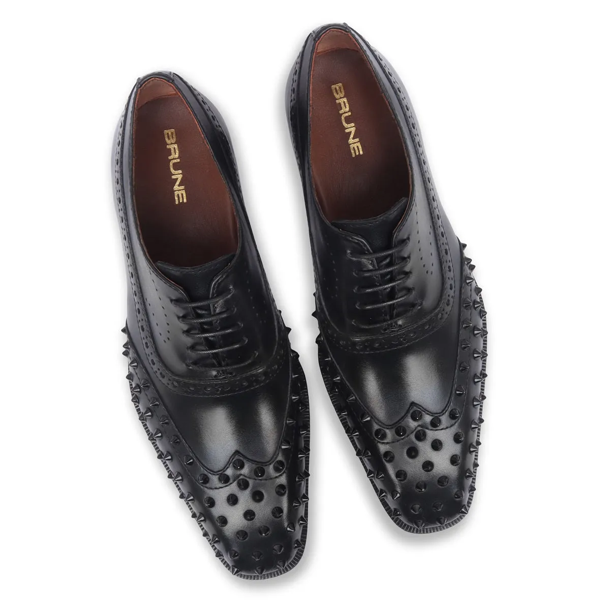 Black Studded Toe Long Tail Whole Cut One Piece Brogue Oxford Lace-up Shoes by Brune & Bareskin