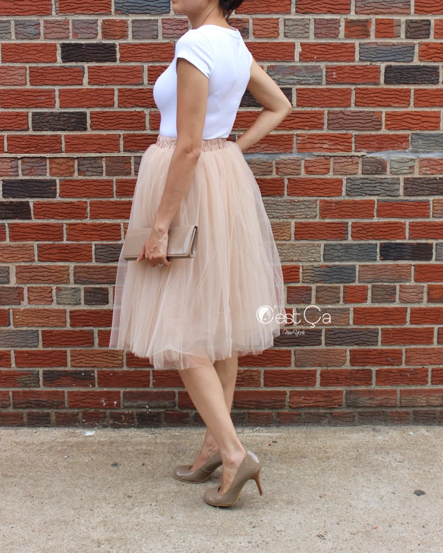 Claire Beige Soft Tulle Skirt - Below Knee Midi