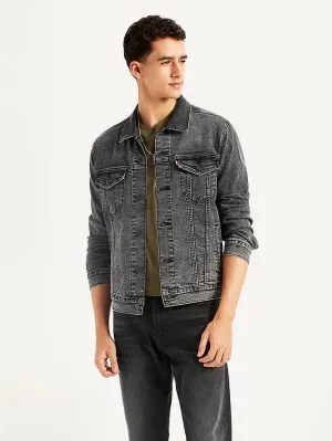 Men's Solid Charcoal Grey Denim Jacket