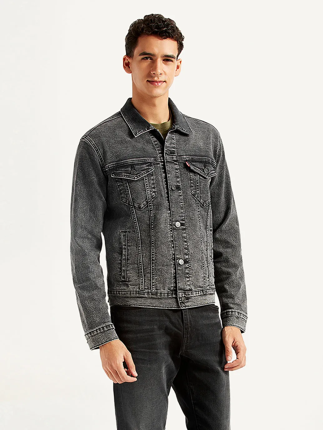 Men's Solid Charcoal Grey Denim Jacket