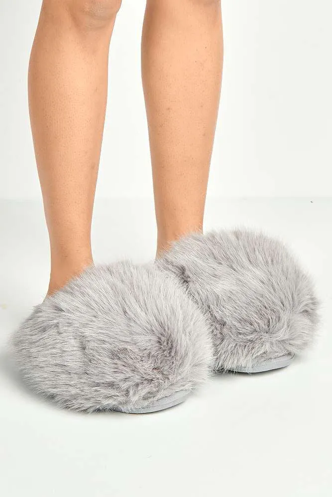 Mimi Fluffy Flat Slippers in Grey