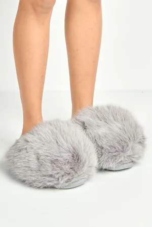 Mimi Fluffy Flat Slippers in Grey