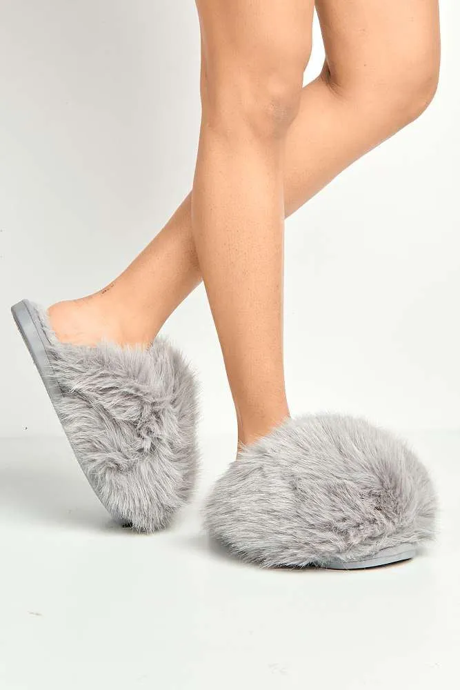 Mimi Fluffy Flat Slippers in Grey