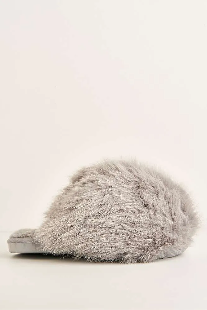 Mimi Fluffy Flat Slippers in Grey