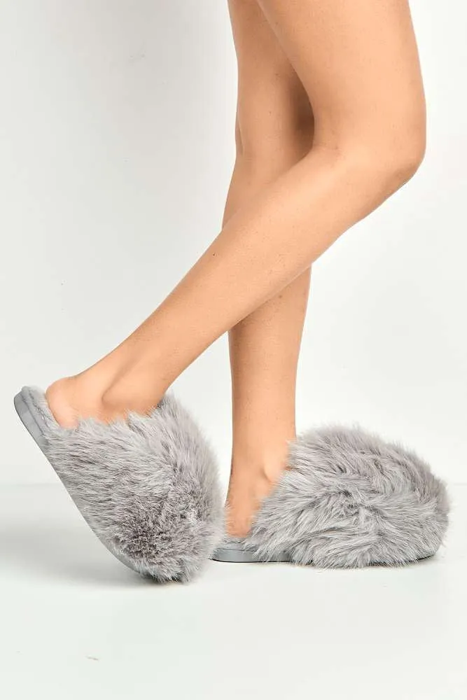 Mimi Fluffy Flat Slippers in Grey