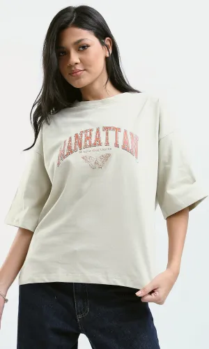 O189245 Elbow-Sleeves Printed "Manhattan" Pastel Beige Tee