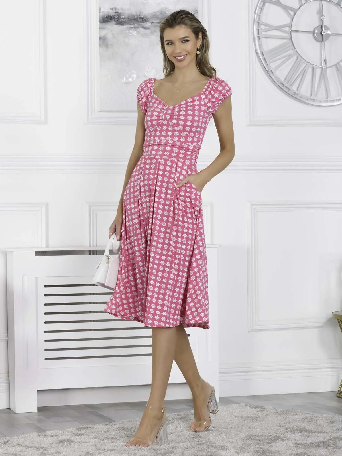 Regenia Sweetheart Neck Jersey Dress, Pink Geometric