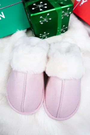 Take It Easy Pink Faux Fur Trimmed Plush Slippers