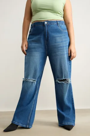 Wide Fit Distressed Blue Stone Jeans