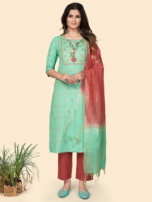 Women'S Print & Embroidered Straight Cotton Turquoise Stitched Kurta Pant With Dupatta