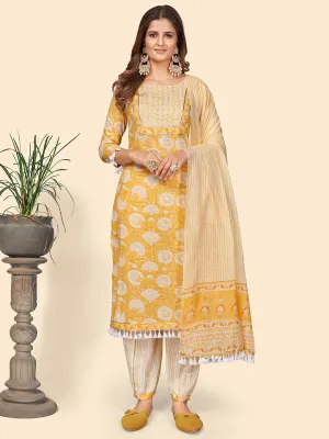 Women'S Print & Sequience Straight Cotton Yellow Stitched Kurta Pant With Dupatta