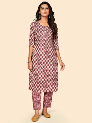 Women'S Printed & Mirror Work Straight Cotton Maroon Stitched Kurta With Pant