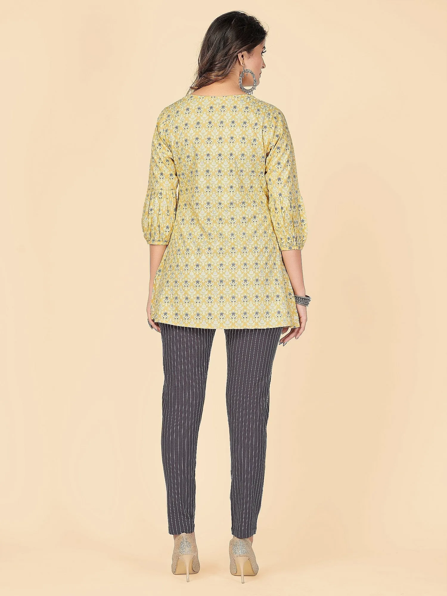 Women'S Printed & Sequience Flare Cotton Yellow Stitched Top With Pant