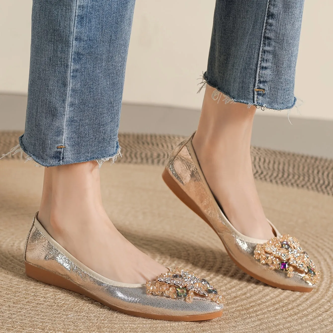 Women's Rhinestone Ballet Flats Pointed Toe Soft Sole Slip Casual Wedding Flat Shoes